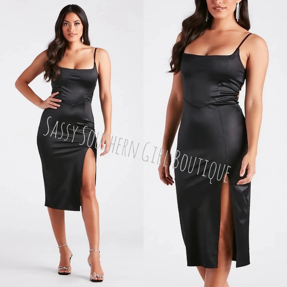 🆕⭐ Black Satin Bodice Midi Dress